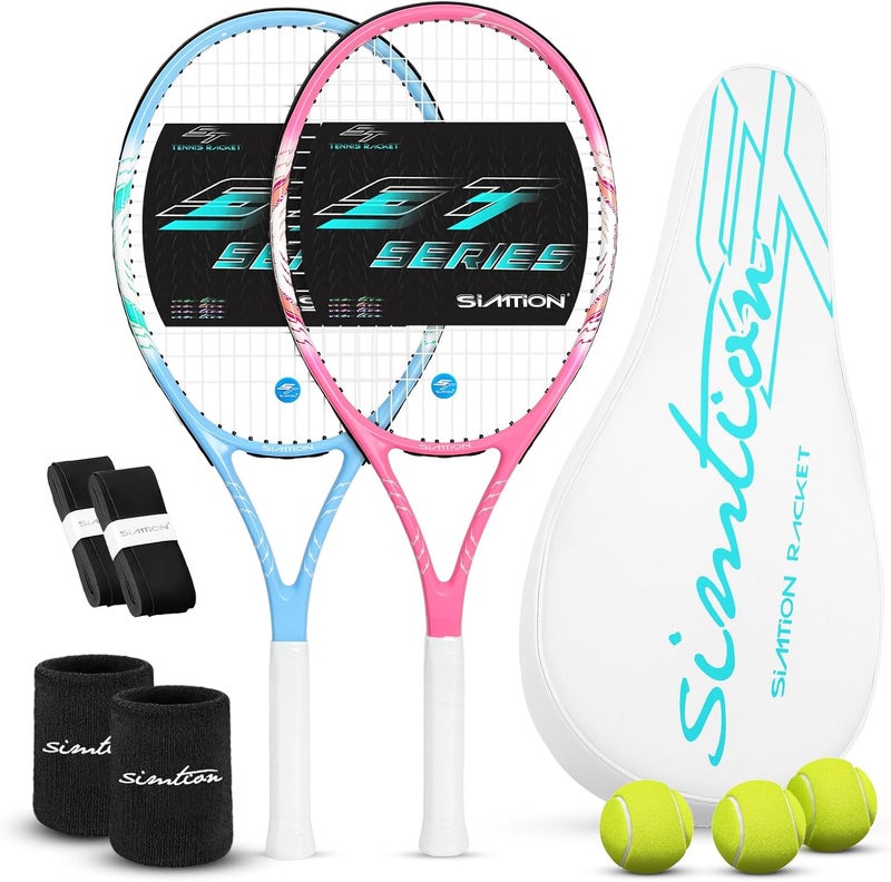 SIMTION 27 Inch Tennis Rackets Set, 2 Player Pre-StrungTennis Racquets for Adults, 2 Overgrip Tapes, 3 Balls, 2 Wristbands and Carrying Bag, for Beginner and Professional - Image 1